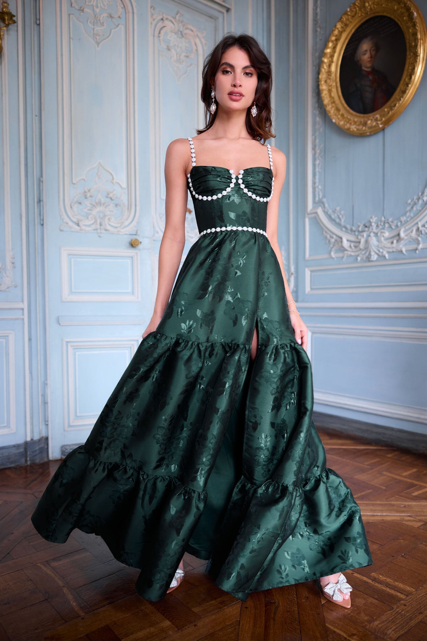 The Lucetta Dress in Emerald Baroque Floral