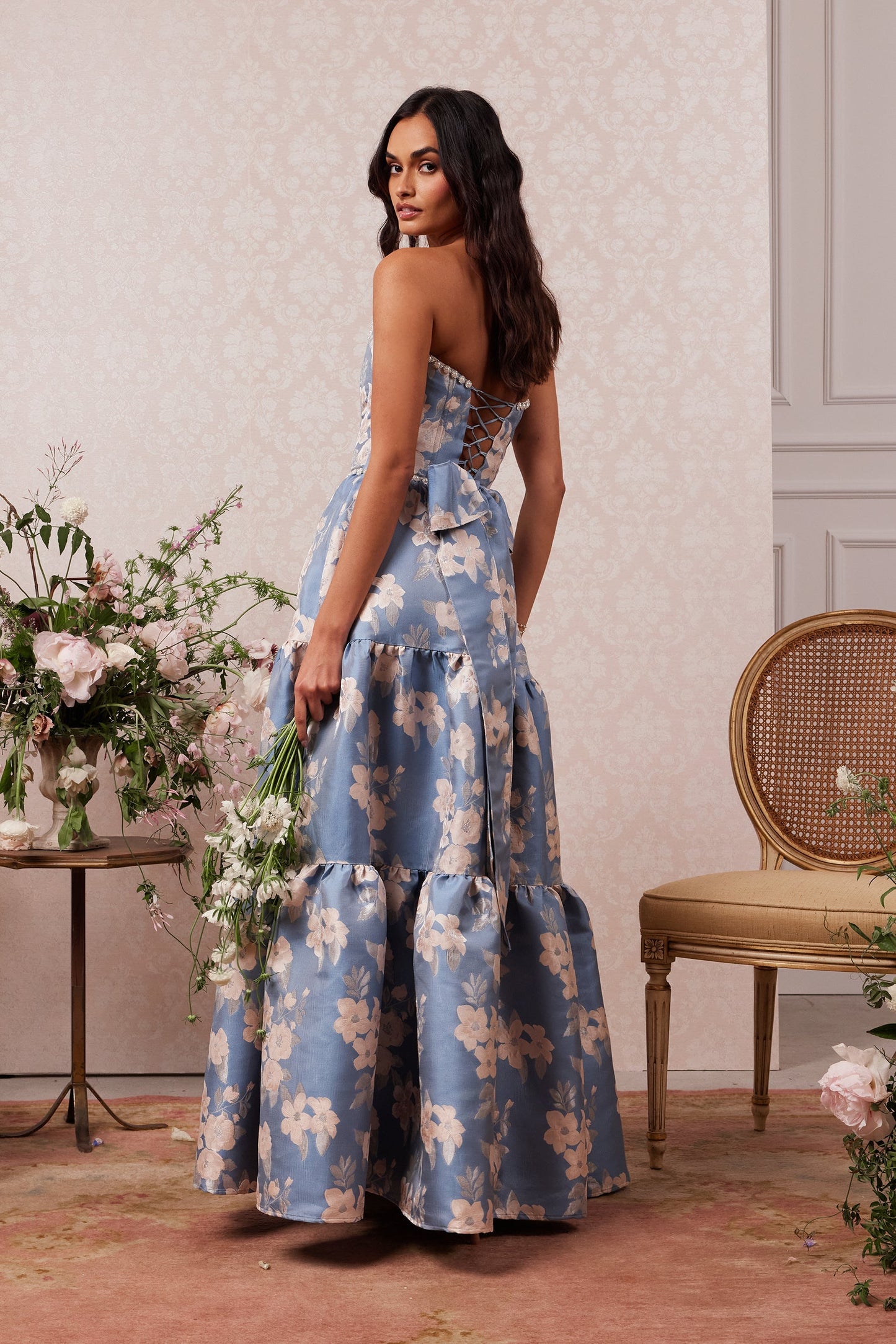 The Vivian Dress in Dusk Blue Baroque Floral