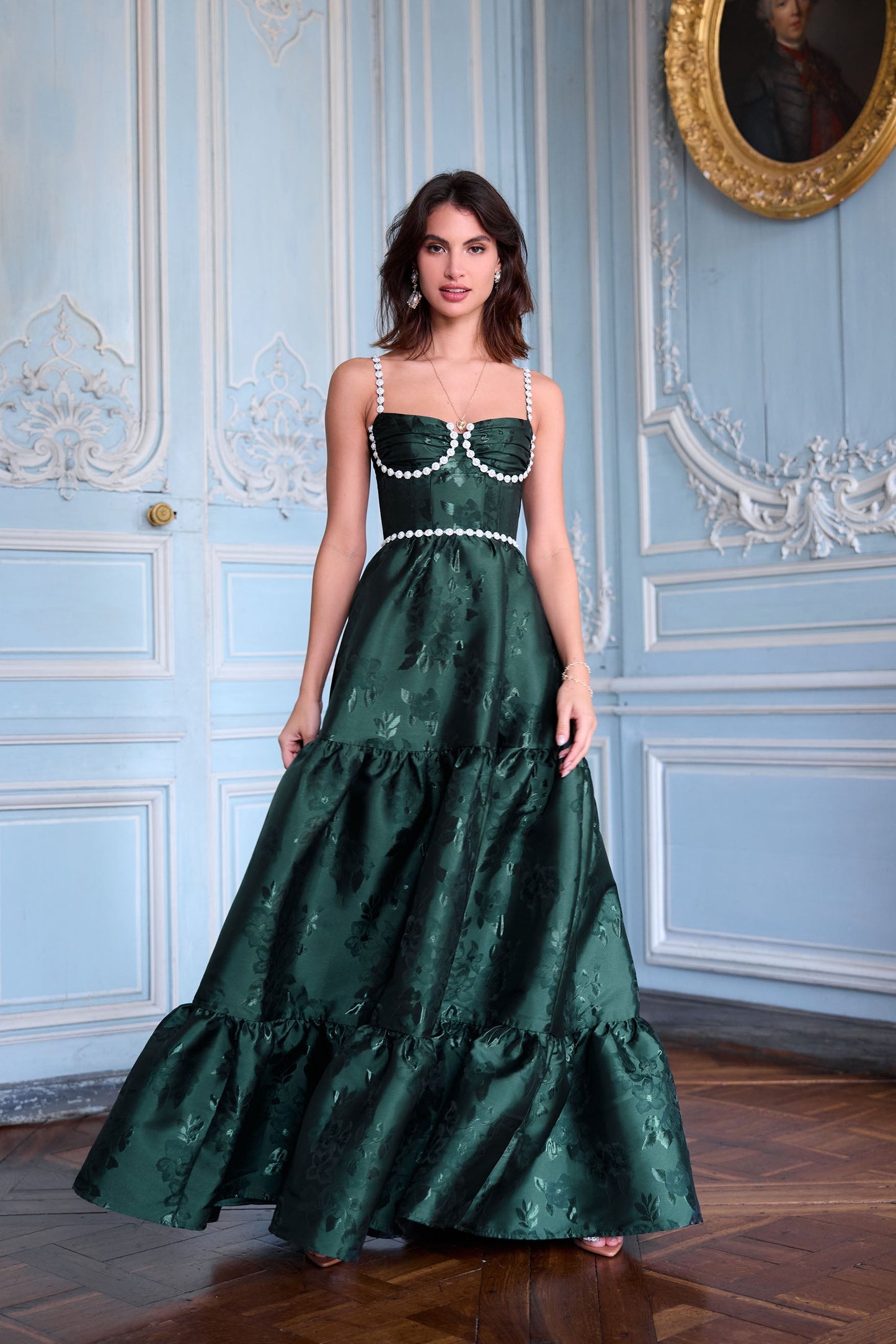 The Lucetta Dress in Emerald Baroque Floral