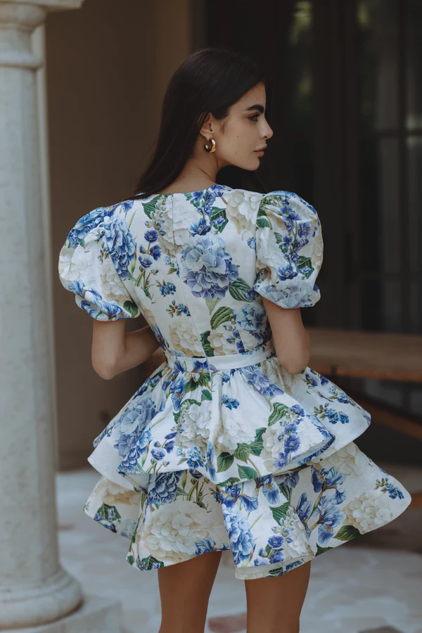 Elegant Fashion V-neck Puff Sleeve Printed Lotus Leaf Skirt