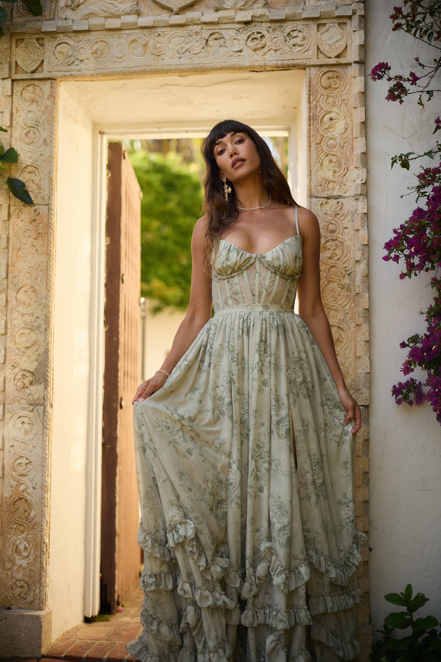 The Carmen Dress in Sage Tapestry