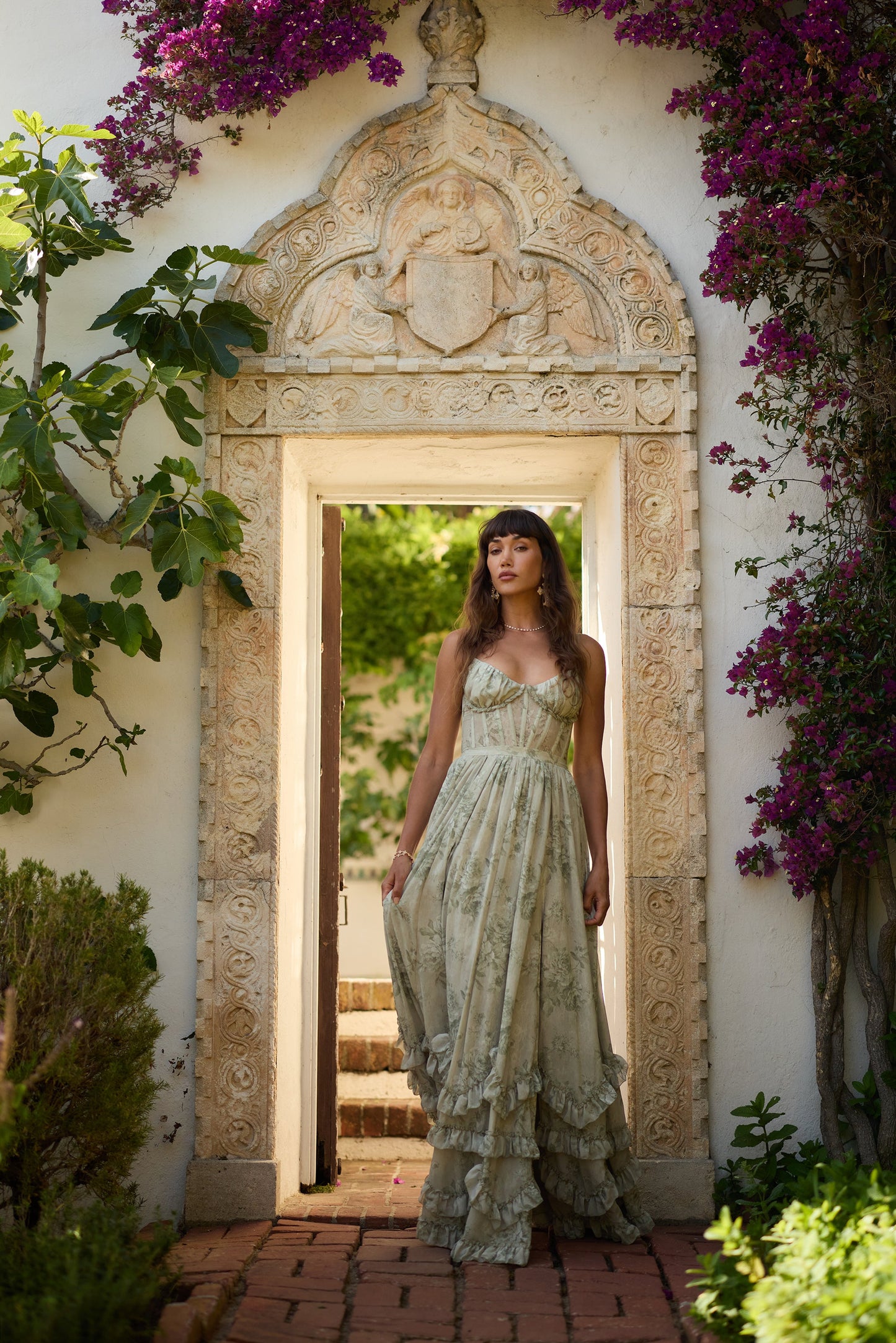 The Carmen Dress in Sage Tapestry