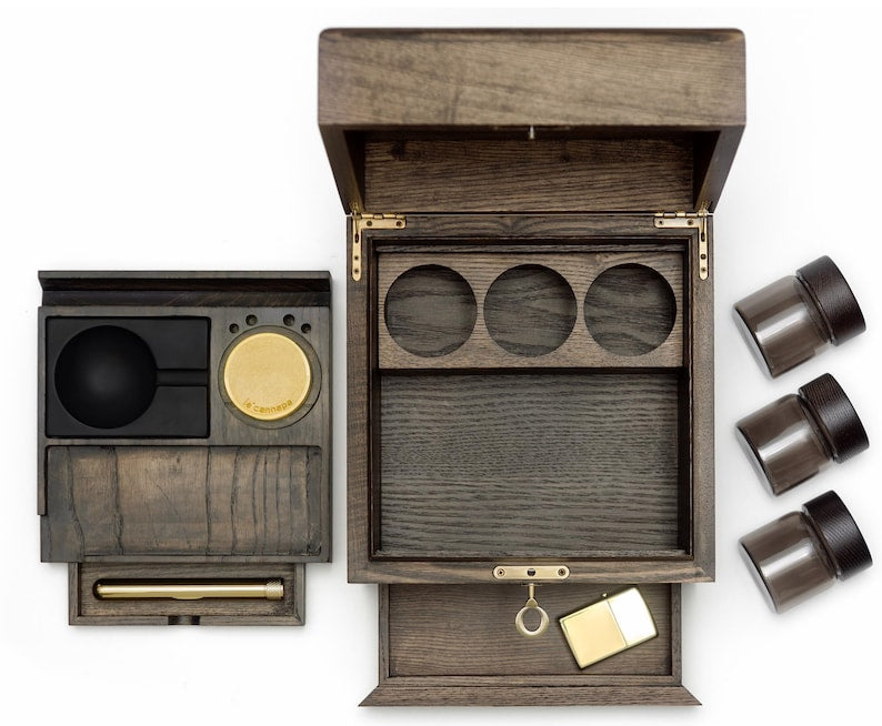 Ash wood Stash Box - Cigar Box, humidifier kit, Airtight Washable Brass doob tube, Grinder, Glass Jar, concrete ashtray & Lighter